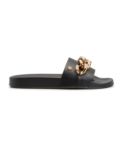 Shop Versace Crystal Chain Calfskin Pool Sandals In Black