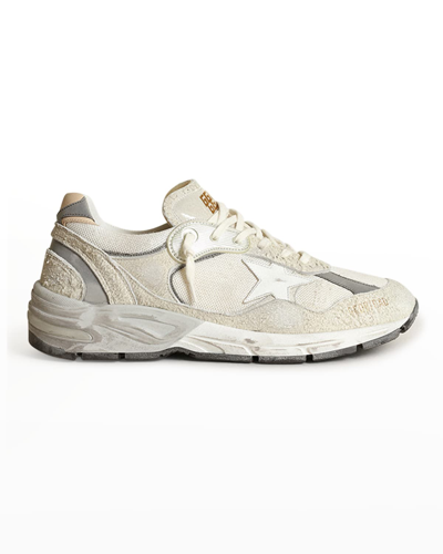 Shop Golden Goose Star Dad Mixed Leather Running Sneakers In White/silver