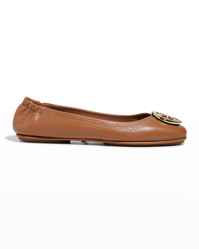 Shop Tory Burch Minnie Travel Leather Ballet Flats In Royal Tan/gold