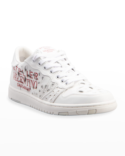 Shop Valentino Eyelet Leather Low-top Sneakers In Bianco