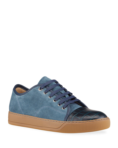 Shop Lanvin Men's Moc-croc Cap-toe Mix-leather Sneakers In Navy Blue