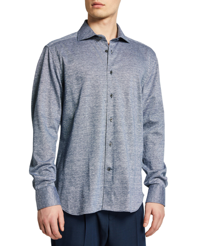 Shop Corneliani Men's Melange Linen-cotton Sport Shirt In Dark Blue Solid