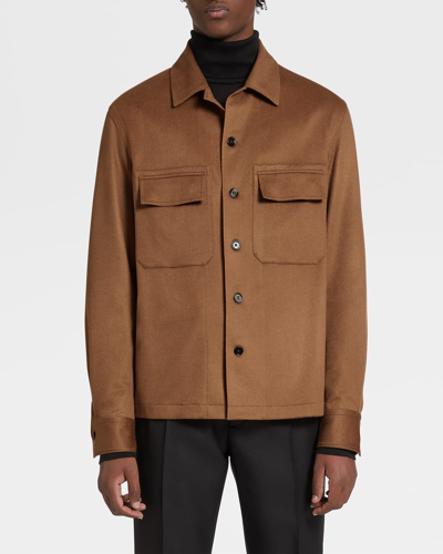 Shop Zegna Men's 2-pocket Cashmere Overshirt In Dark Brown Solid