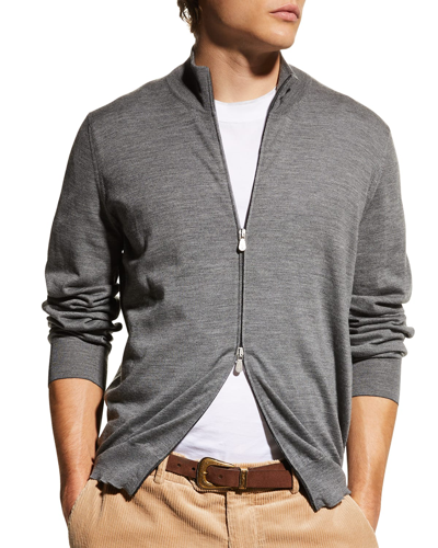 Shop Brunello Cucinelli Men's Fine-gauge Wool/cashmere Zip Cardigan In Medium Grey