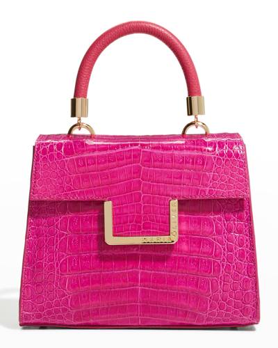 Shop Maria Oliver Michelle Small Crocodile Top-handle Bag With Strap In Fuchsia Shiny