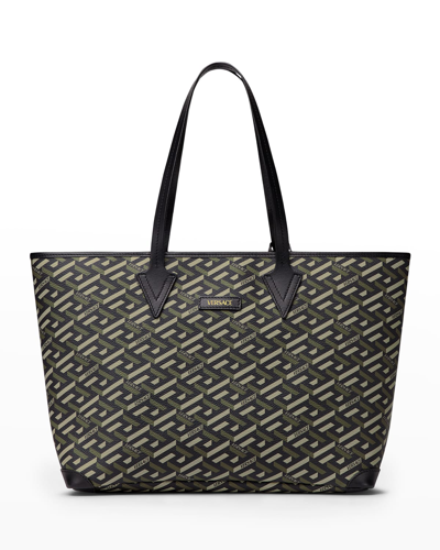 Shop Versace Greca Signature Tote Bag In Black/khaki