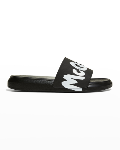 Shop Alexander Mcqueen Men's Logo Pool Slide Sandals In White/black