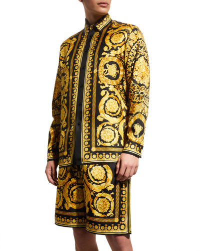 Shop Versace Men's Barocco Silk Sport Shirt In Black/gold