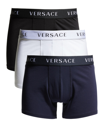 Shop Versace Men's 3-pack Solid Logo Boxer Briefs In White/navy