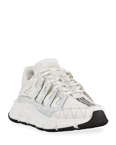 Shop Versace Men's Trigreca Sneakers In White/gold