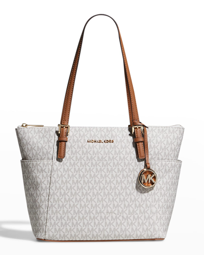 Shop Michael Michael Kors East-west Monogram Zip Tote Bag In Vanilla