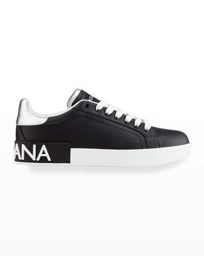 Shop Dolce & Gabbana Leather Logo Low-top Sneakers In Black/silver