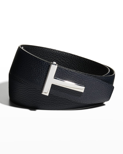 Shop Tom Ford Men's Signature T Reversible Leather Belt In Black/navy