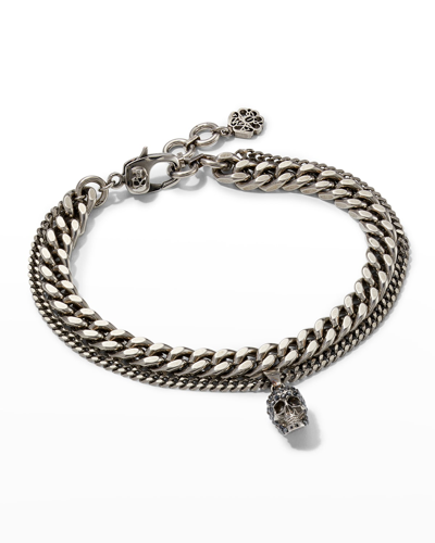Shop Alexander Mcqueen Men's Pavé Swarovski Crystal Skull Double Chain Bracelet In Silver Greige