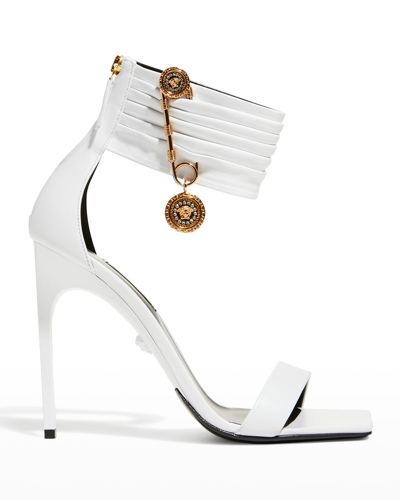 Shop Versace 110mm  Safety Pin Sandals In White/gold