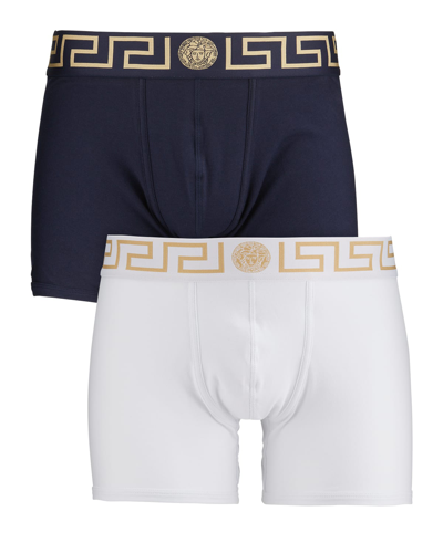 Shop Versace Two-pack Greca Border Long Boxer Trunks In White/blue