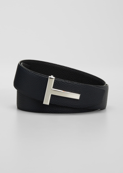 Shop Tom Ford Men's Signature T Reversible Leather Belt In Black/navy