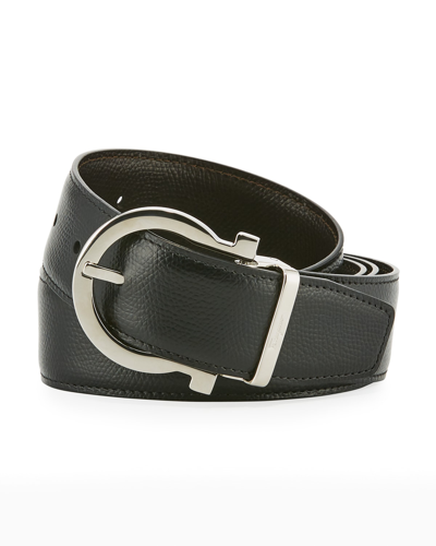 Shop Ferragamo Men's Stamped Leather Gancio Buckle Belt In Black/hickory