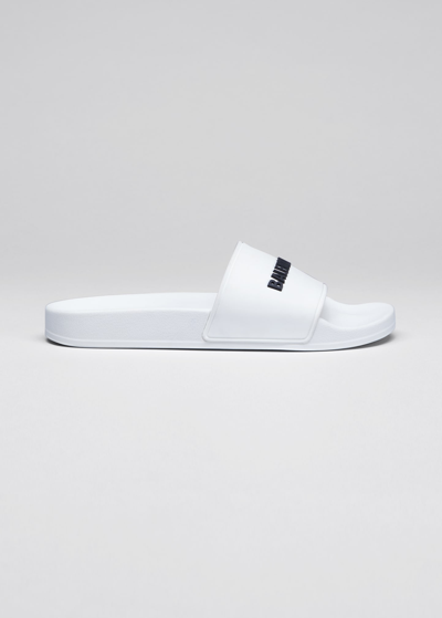 Shop Balenciaga Logo Pool Slide Sandals, White In White/black