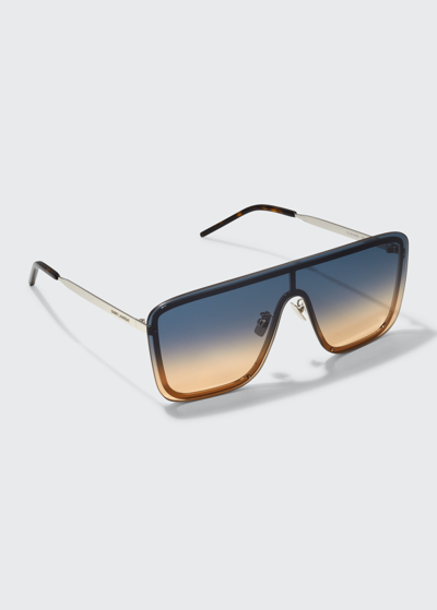 Shop Saint Laurent Men's Gradient Metal Shield Sunglasses In Green/gold