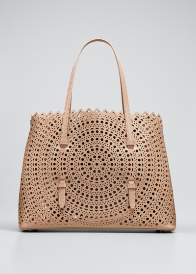 Shop Alaïa Mina 32 Laser-cut Leather Tote Bag In Sable