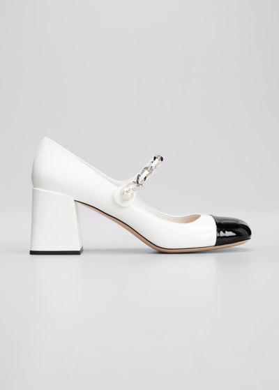 Shop Miu Miu Bicolor Cap-toe Mary Jane Pumps In Bianoo Nero