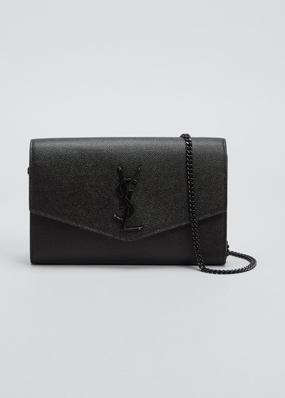 Shop Saint Laurent Uptown Ysl Wallet On Chain In Grained Leather In Nero