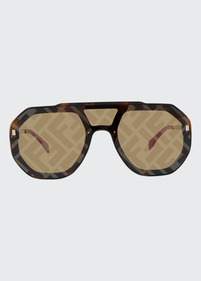 Shop Fendi Men's Logo Acetate Shield Sunglasses In Dark Havana
