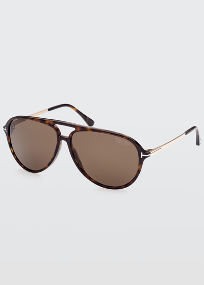 Shop Tom Ford Men's Samson Aviator Sunglasses In Brown