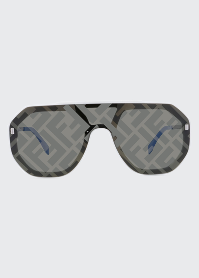 Shop Fendi Men's Logo Acetate Shield Sunglasses In Ivory/smoke