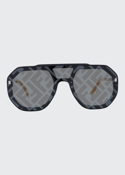 Shop Fendi Men's Logo Acetate Shield Sunglasses In Matte Black