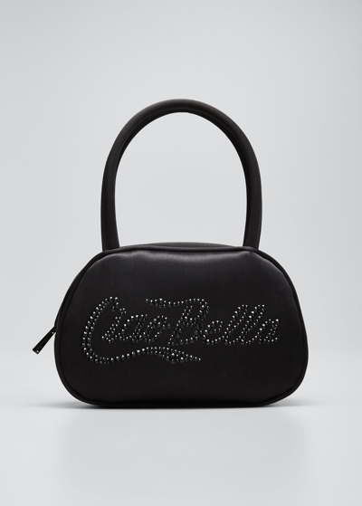 Shop Amina Muaddi Ciao Bell Crystal Satin Top-handle Bag In Black