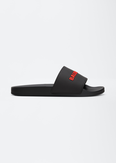 Shop Balenciaga Men's Logo Pool Slide Sandals In Nero/rouge