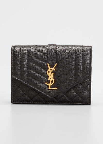 Shop Saint Laurent Envelope Small Ysl Flap Wallet In Grained Leather In Nero