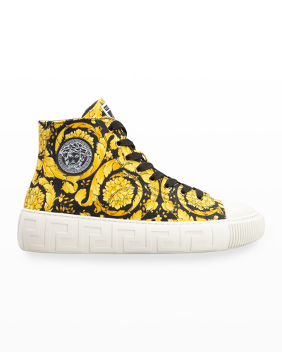 Shop Versace Canvas High-top Barocco Sneakers In Black/gold