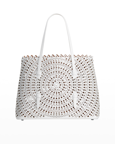 Shop Alaïa Mina 32 Laser-cut Leather Tote Bag In Blanc
