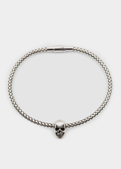 Shop Alexander Mcqueen Men's Metal Cord Skull Charm Bracelet In Anthracite Silver