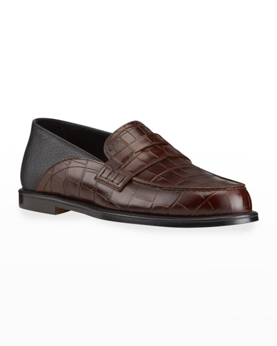 Shop Loewe Men's Croc-embossed Fold-down Penny Loafers In Brown/black