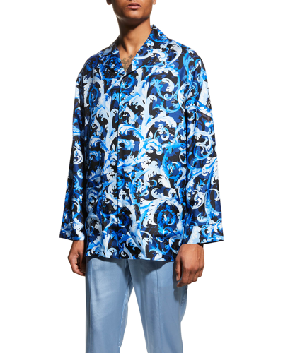 Shop Versace Men's Baroccoflage-print Silk Pajama Top In Blue/navy