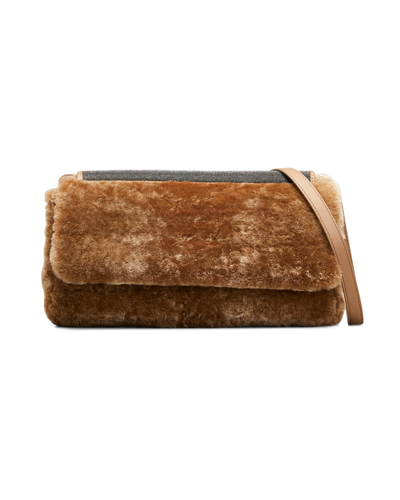 Shop Brunello Cucinelli Medium Monili Shearling Crossbody Bag In Warm Brown