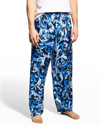 Shop Versace Men's Barocco Silk Pajama Pants In Blue/navy