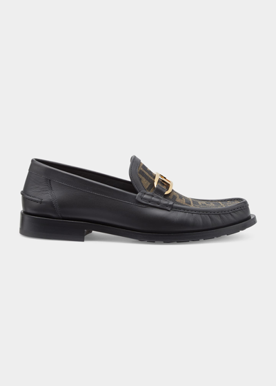 Shop Fendi Men's Ff O'lock Leather Loafers In Tabacco/nero/nero