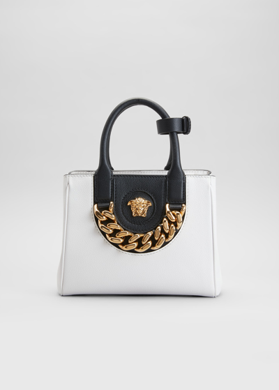 Shop Versace La Medusa Small Chain Tote Bag In White/black