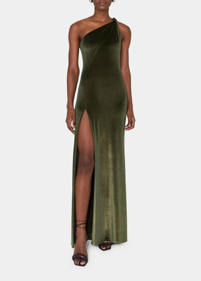 Shop Galvan Kilter Twist One-shoulder Thigh-slit Velvet Gown In Olive Green