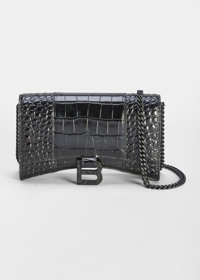 Shop Balenciaga Hourglass Croc-embossed Wallet On Chain With Strass B In Black