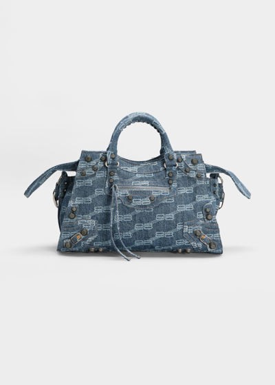 Balenciaga Neo Cagole City Monogram Denim Shoulder Bag In Blue | ModeSens