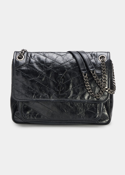 Shop Saint Laurent Niki Medium Flap Ysl Shoulder Bag In Crinkled Leather In Nero