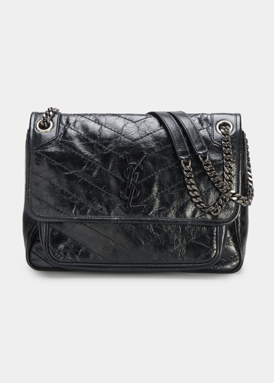 Saint Laurent Niki Medium Flap Ysl Shoulder Bag In Crinkled Leather In Nero