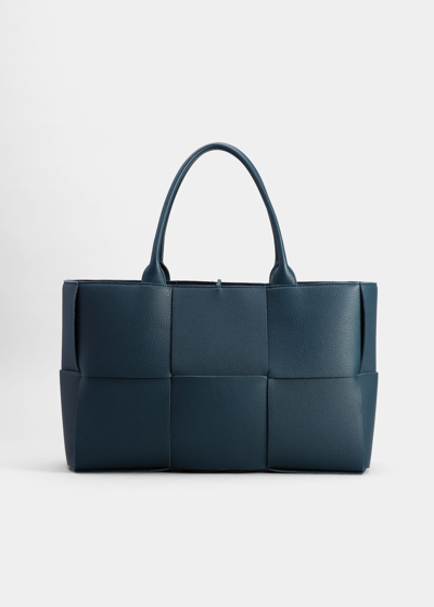 Shop Bottega Veneta Arco Woven East-west Tote Bag In Deep Blue/silver