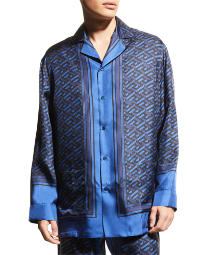 Shop Versace Men's Greca Silk Pajama Top In Blue/navy/black
